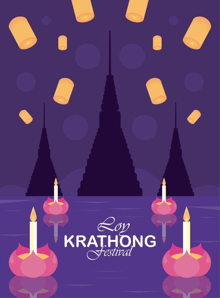 loy krathong lettering postcard vector