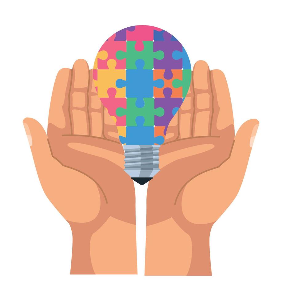 hands lifting puzzle bulb vector