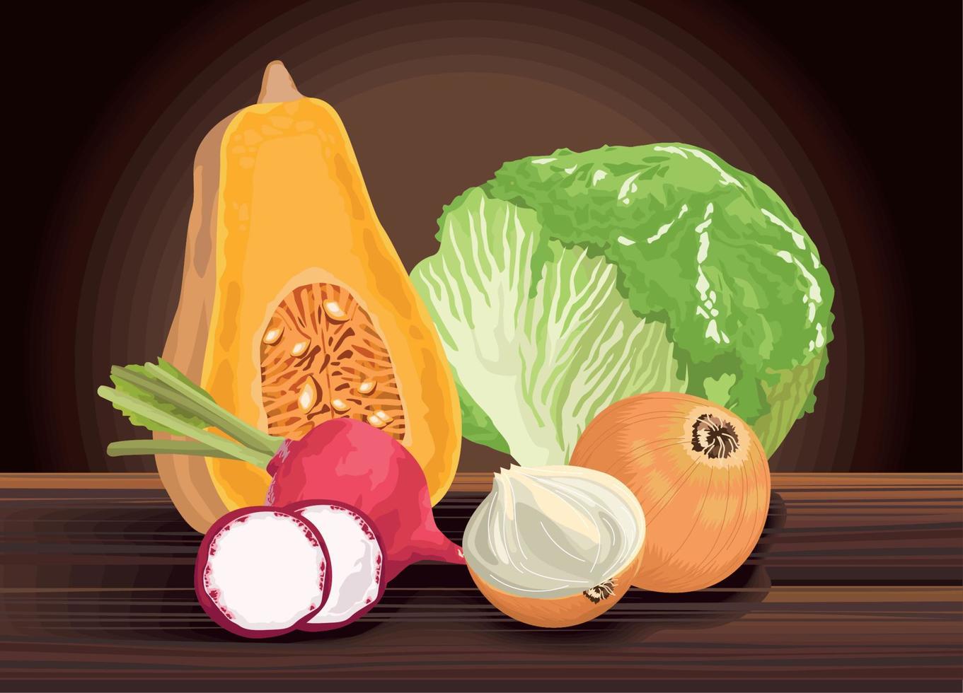 vegetables in table wooden vector