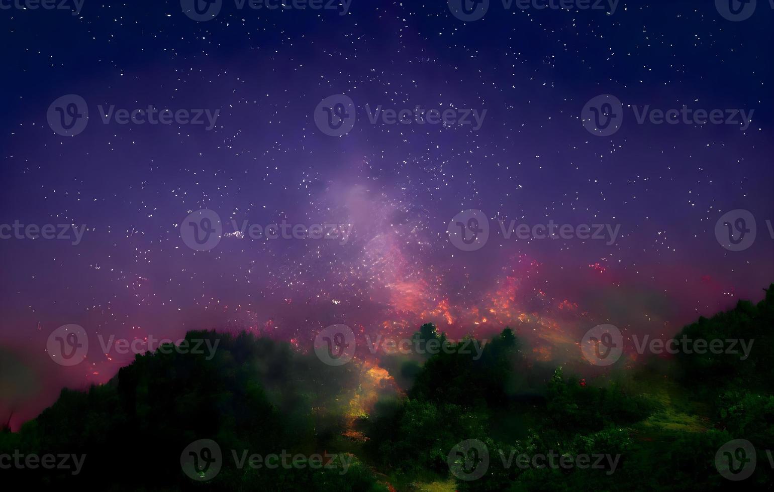 Milky Way and pink light at mountains. Night colorful landscape. Starry sky with hills at summer. Beautiful Universe. Space background with galaxy. Travel background photo