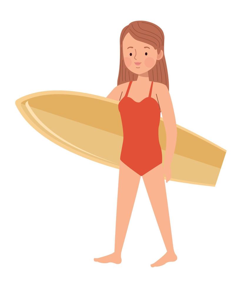 mujer con tabla de surf amarilla vector