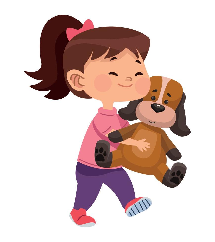 niña jugando con perro de peluche vector