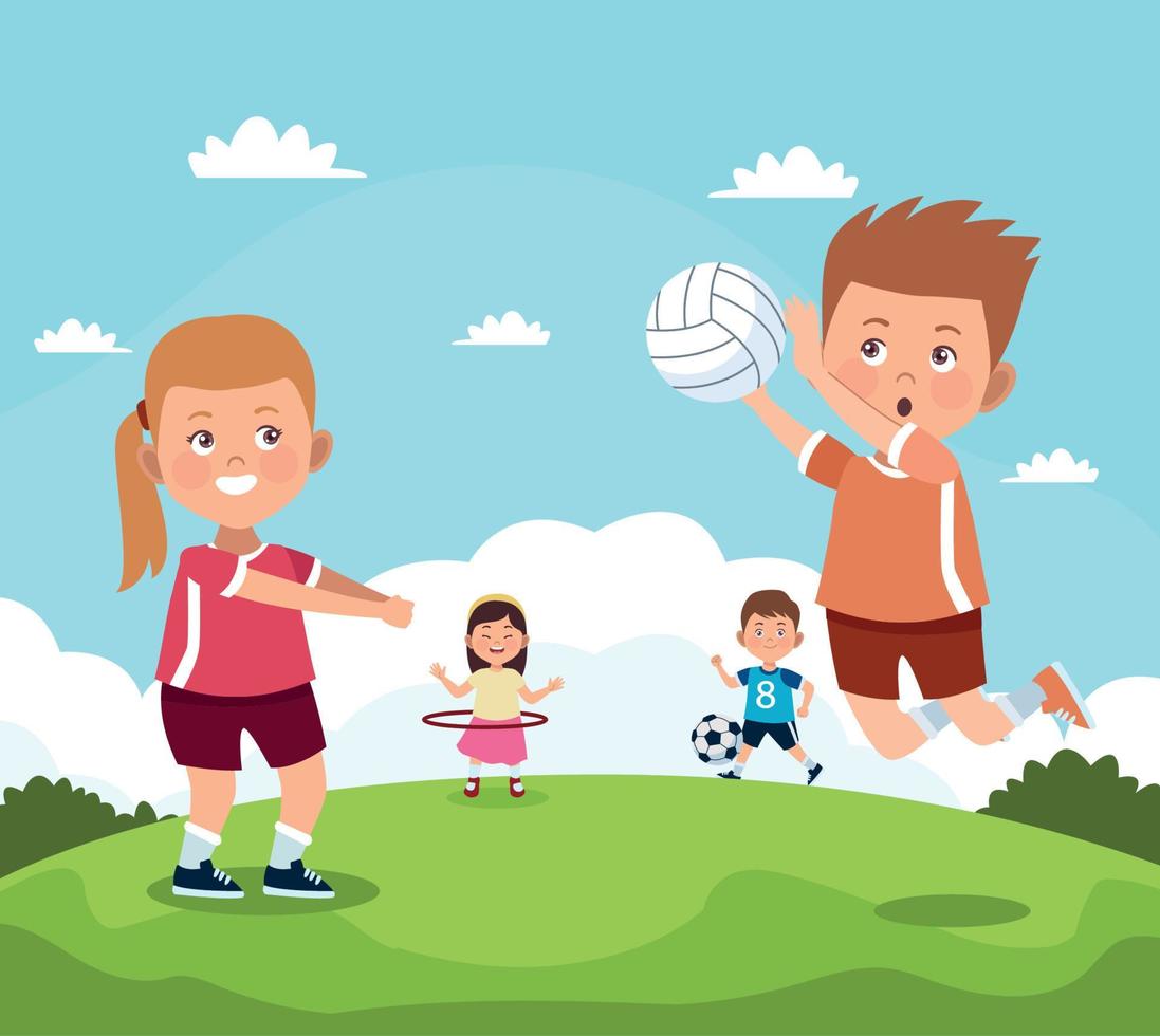 four kids practicing activities vector