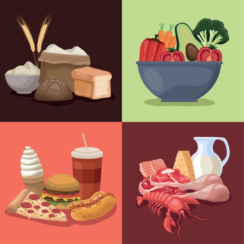 cuatro deliciosos menús de comidas vector