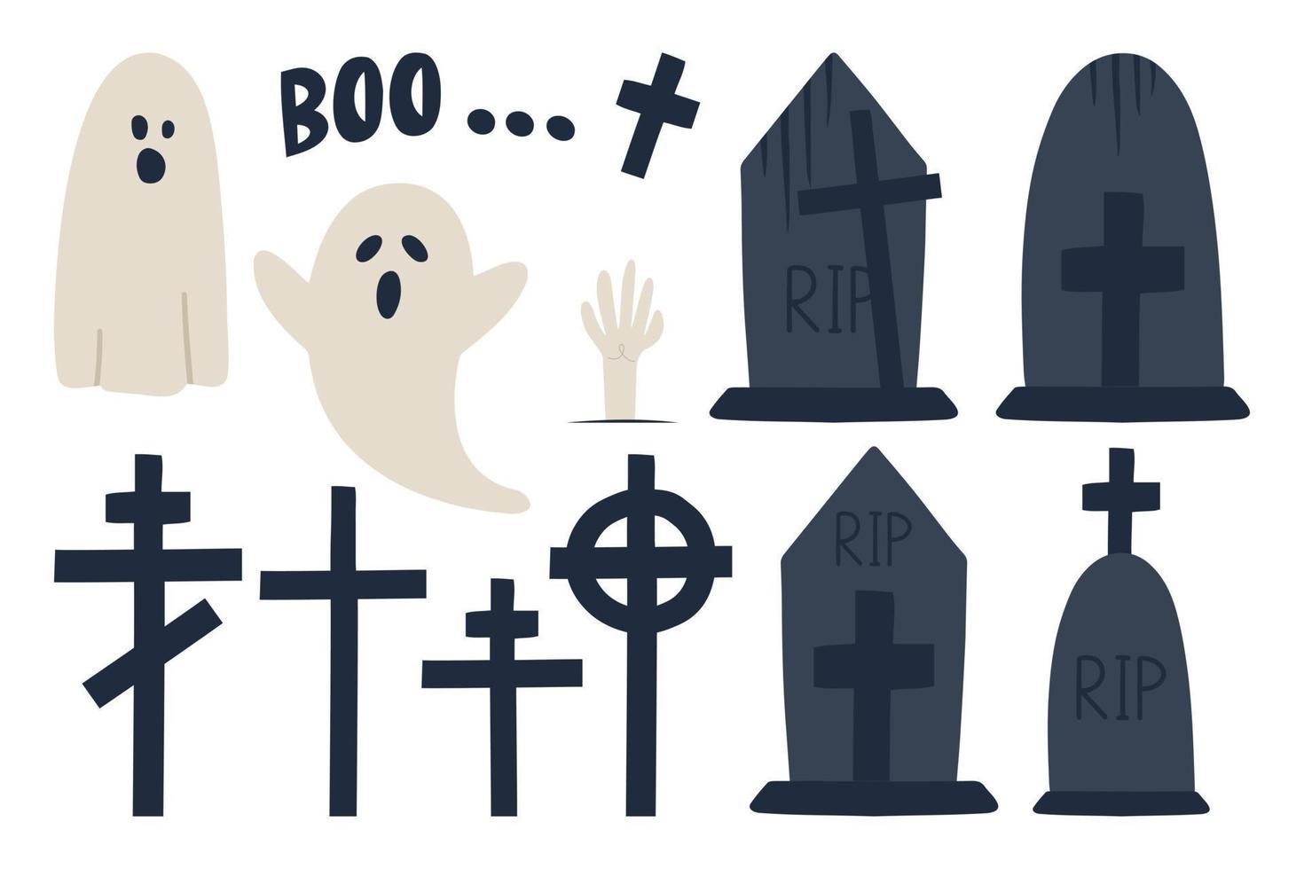 Gravestones set. Old Tomb Collection. Ancient RIP. Collection of gravestones. Concept cartoon gravestone in different. Halloween elements set. Grave on white background vector