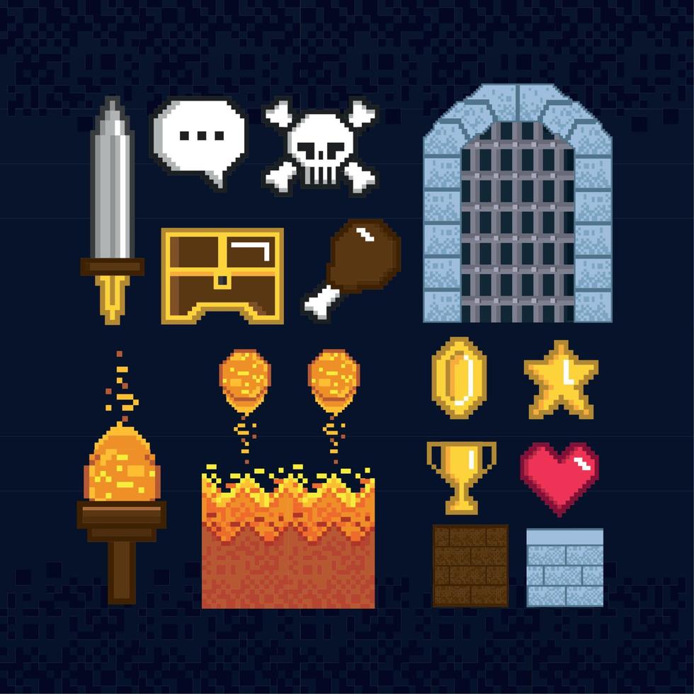 fourteen pixel art icons vector