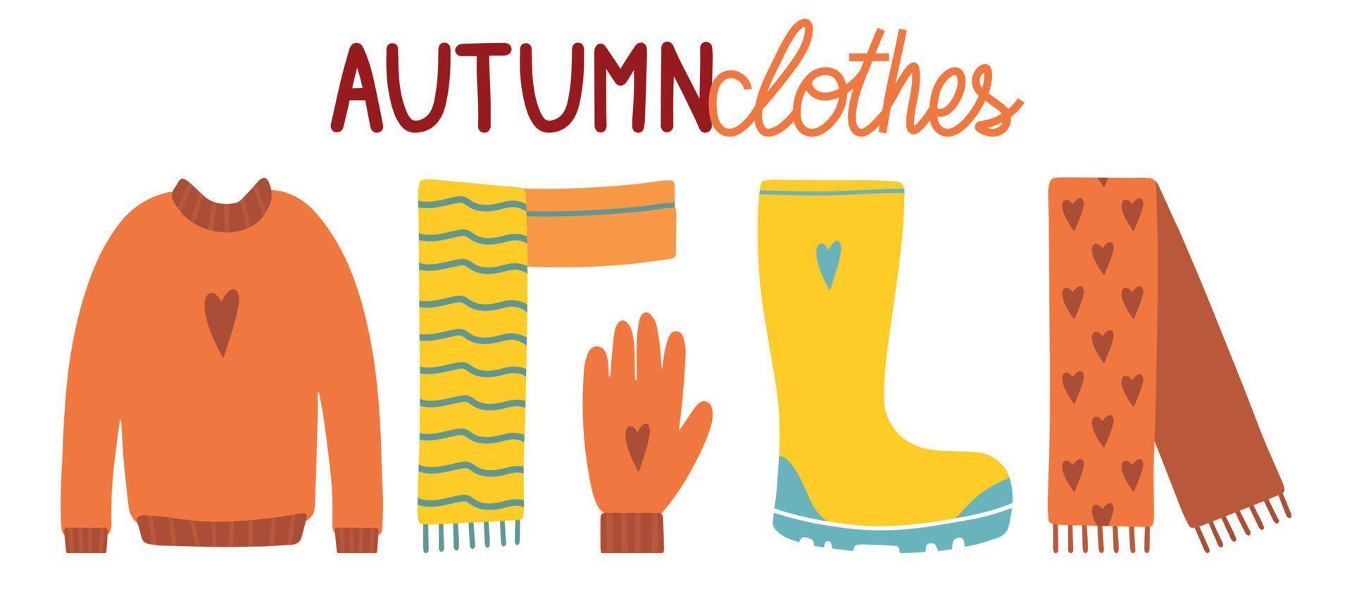 ilustración dibujada a mano de bufanda de moda, suéter, arboleda, bota y paraguas. elemento aislado sobre fondo blanco. ropa de otoño vector