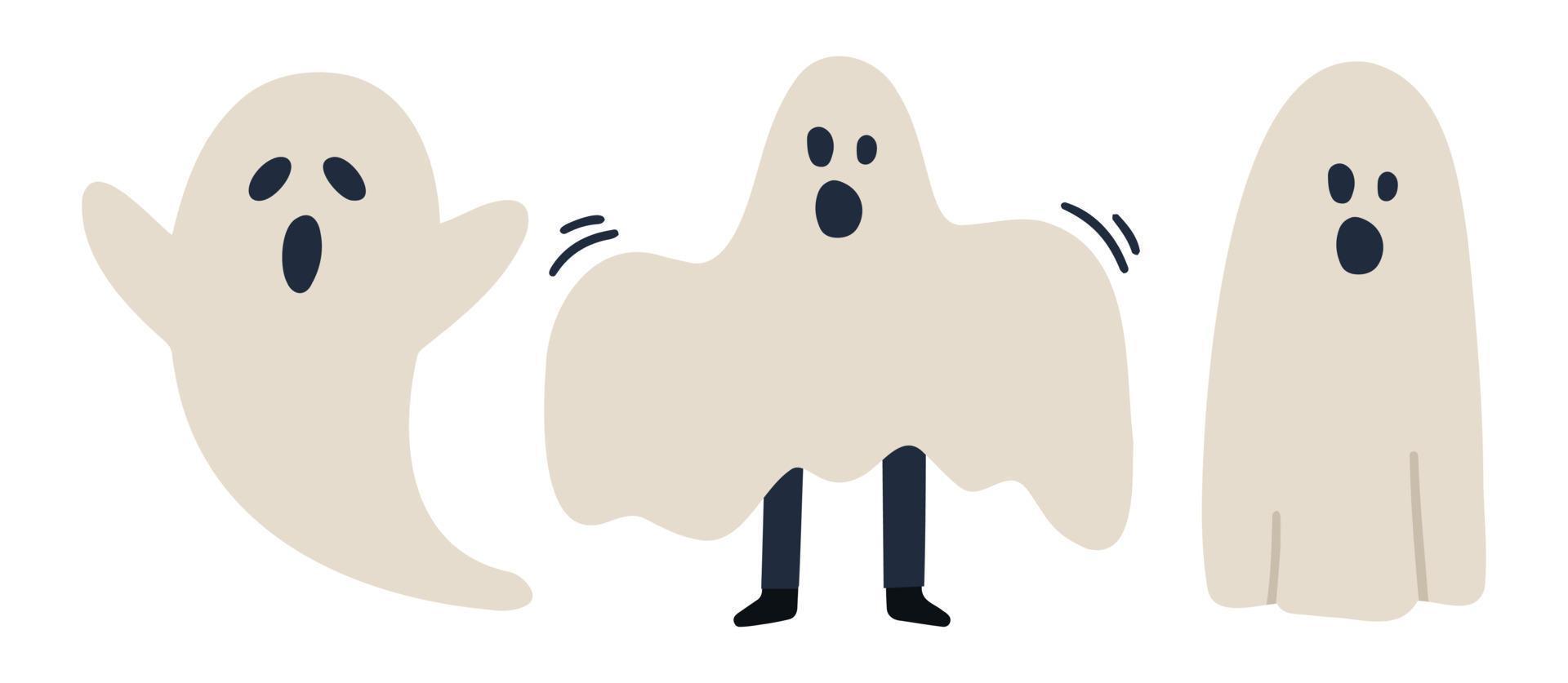 conjunto de silueta fantasma de halloween, colección de fantasmas, fondo blanco, ilustración vectorial, estilo de fideos, ilustraciones de línea, manchas de color vector
