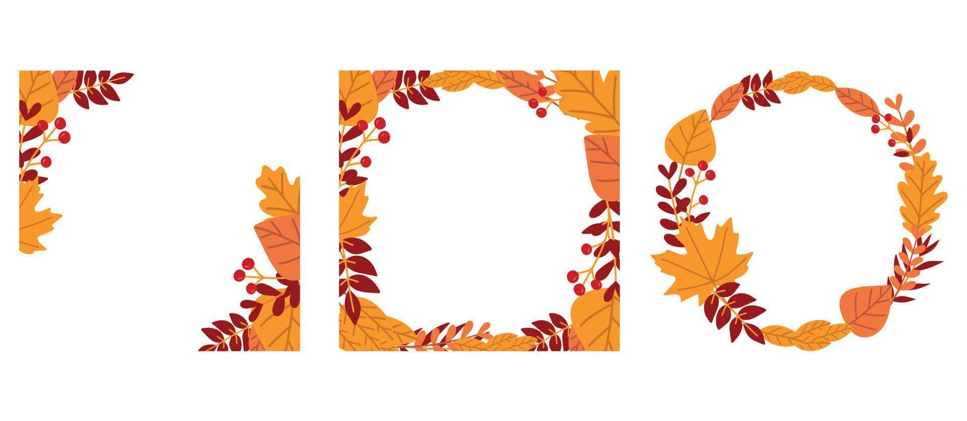 Autumn leaves frames collection. Autumnal wreath illustration with colorful leaves on white background. vector