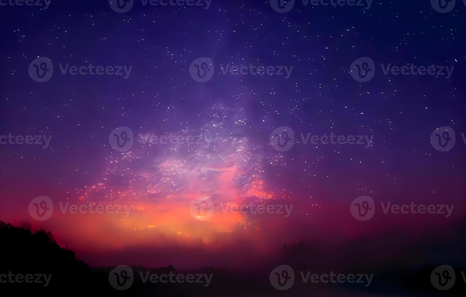 Milky Way and pink light at mountains. Night colorful landscape. Starry sky with hills at summer. Beautiful Universe. Space background with galaxy. Travel background photo