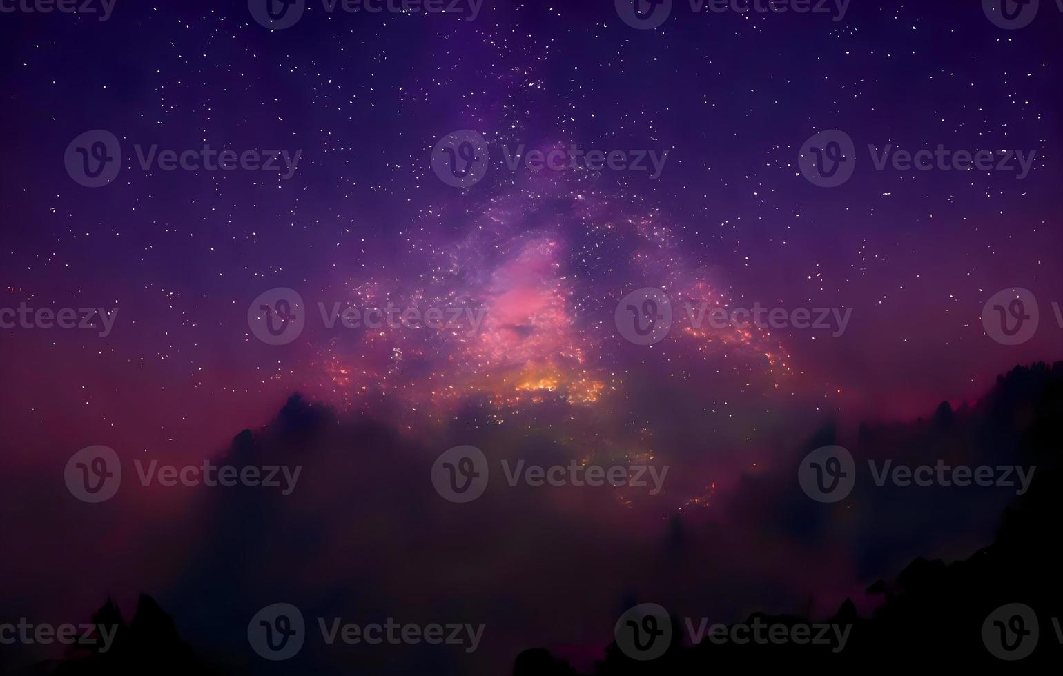 Milky Way and pink light at mountains. Night colorful landscape. Starry sky with hills at summer. Beautiful Universe. Space background with galaxy. Travel background photo