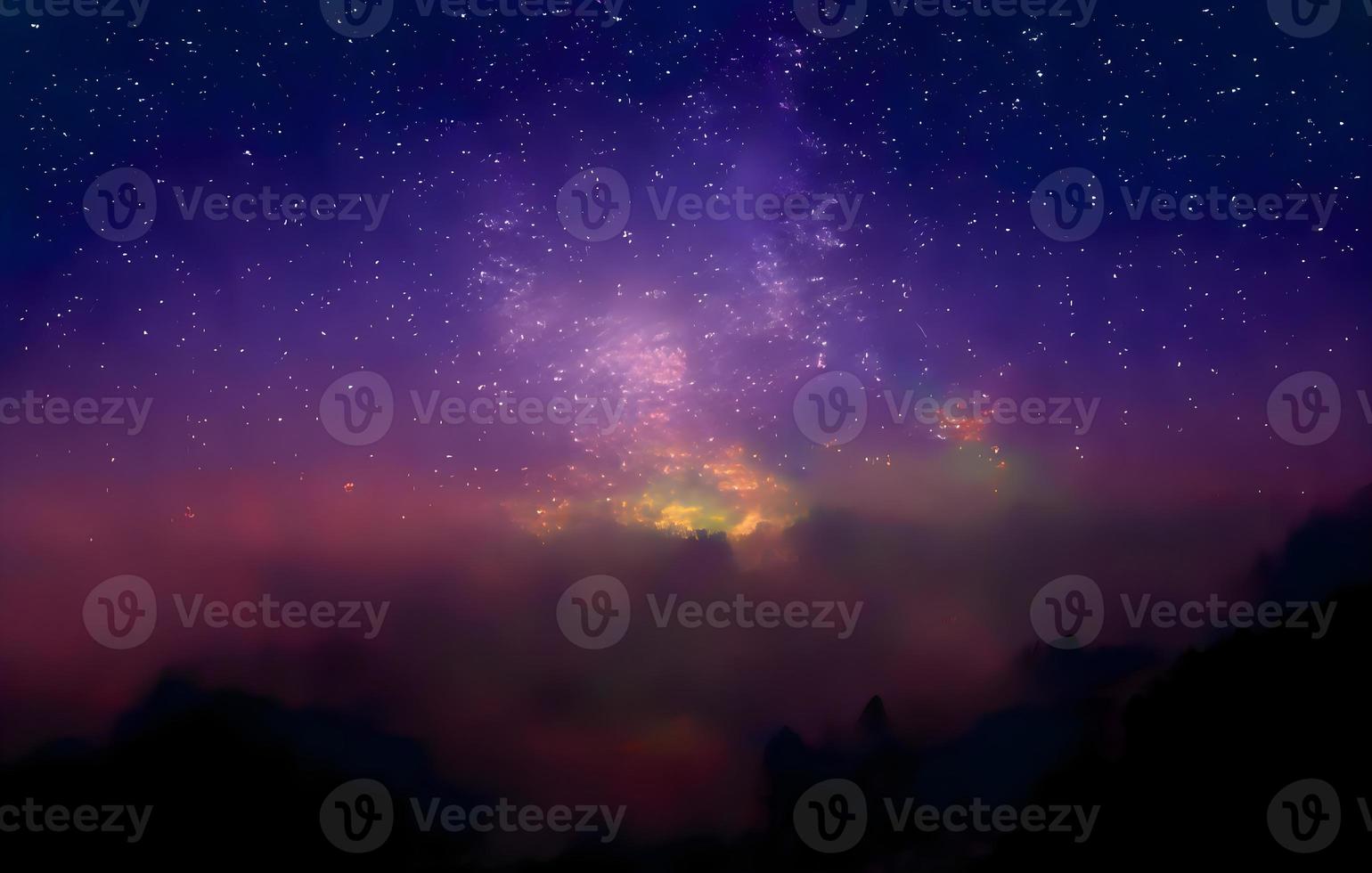 Milky Way and pink light at mountains. Night colorful landscape. Starry sky with hills at summer. Beautiful Universe. Space background with galaxy. Travel background photo