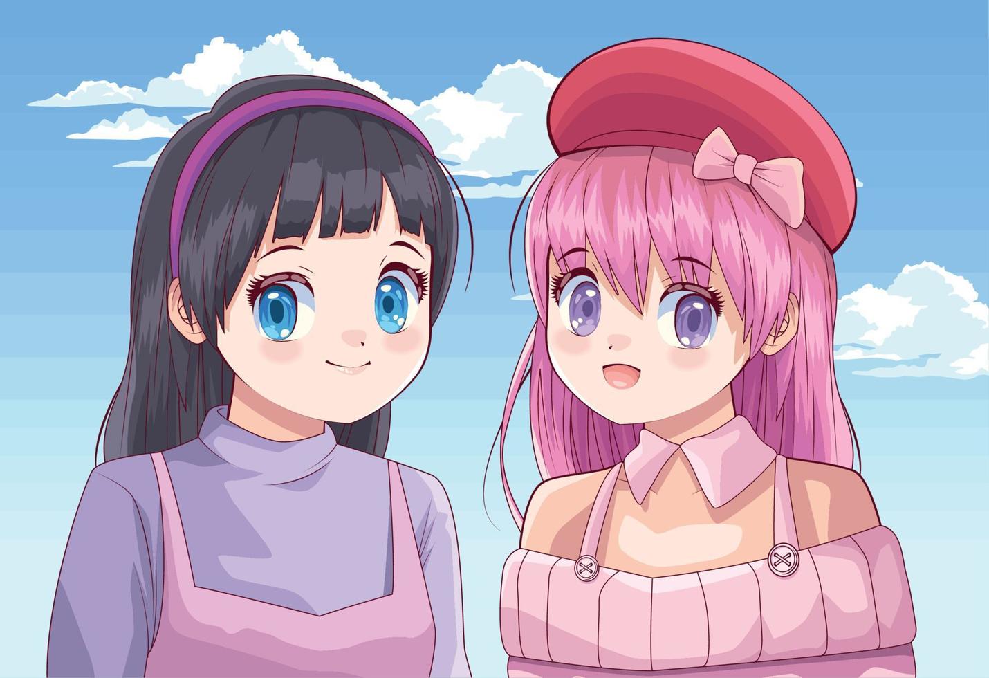 girls couple anime style vector