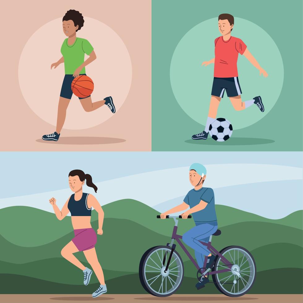 four persons practicing sports vector