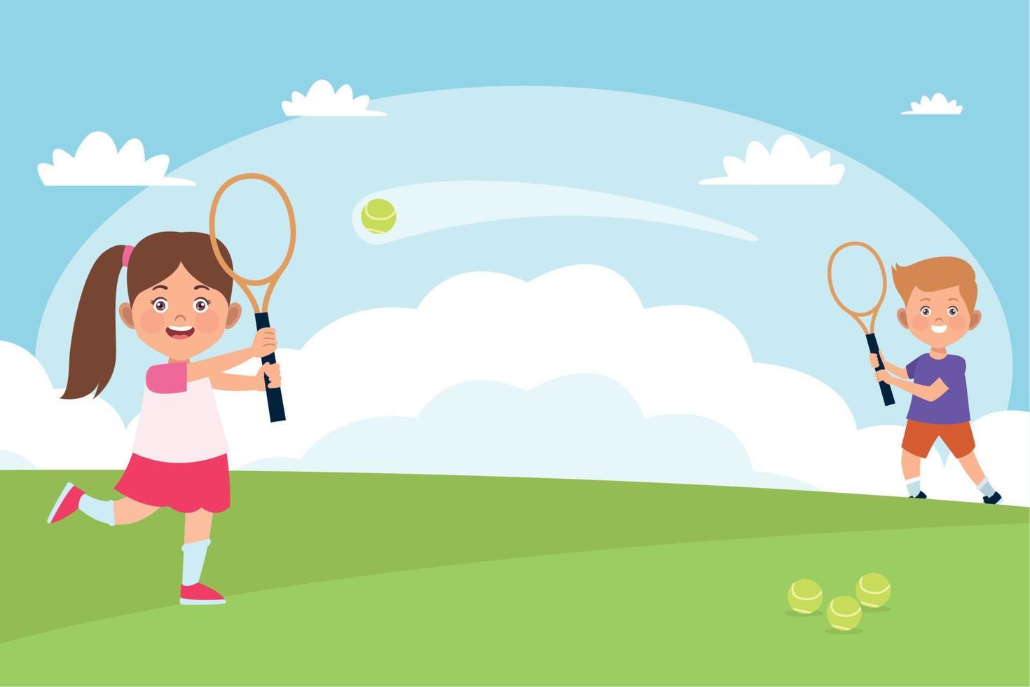 pareja de niños practicando tenis al aire libre vector