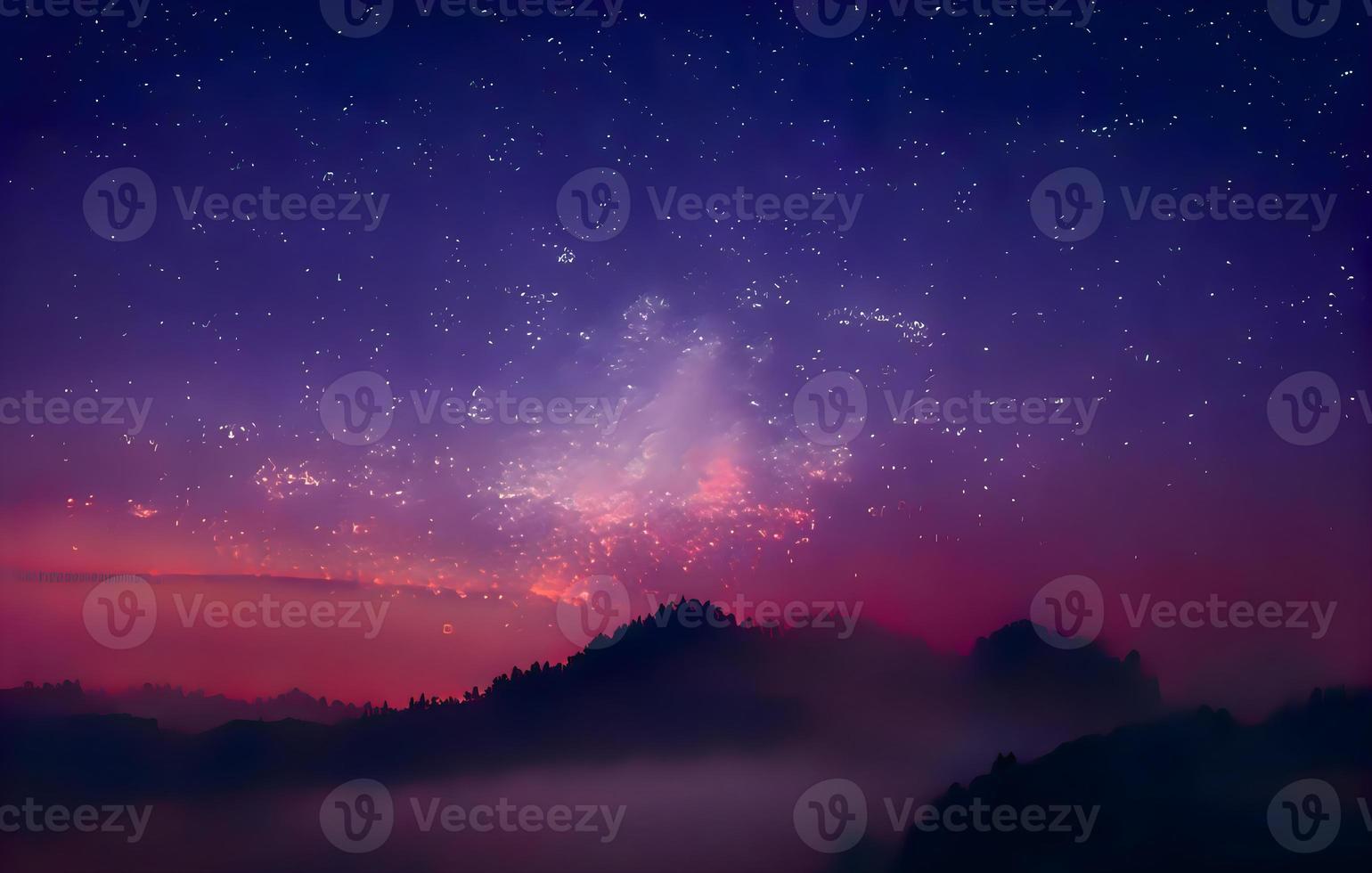 Night landscape with colorful Milky Way and mountains. Starry sky with hills at summer. Beautiful Universe. Space background photo