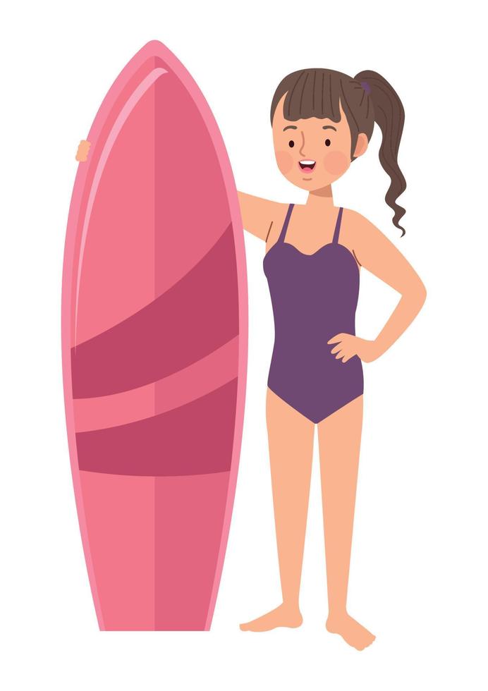 mujer con tabla de surf roja vector