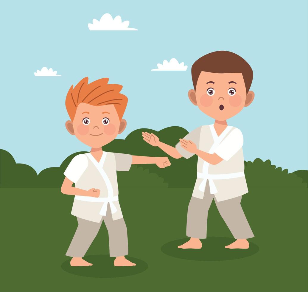 boys couple practicing karate vector