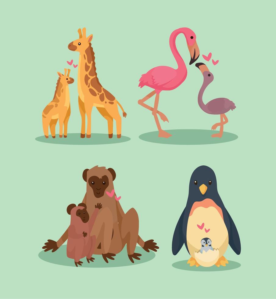 cuatro animales madres y bebés vector