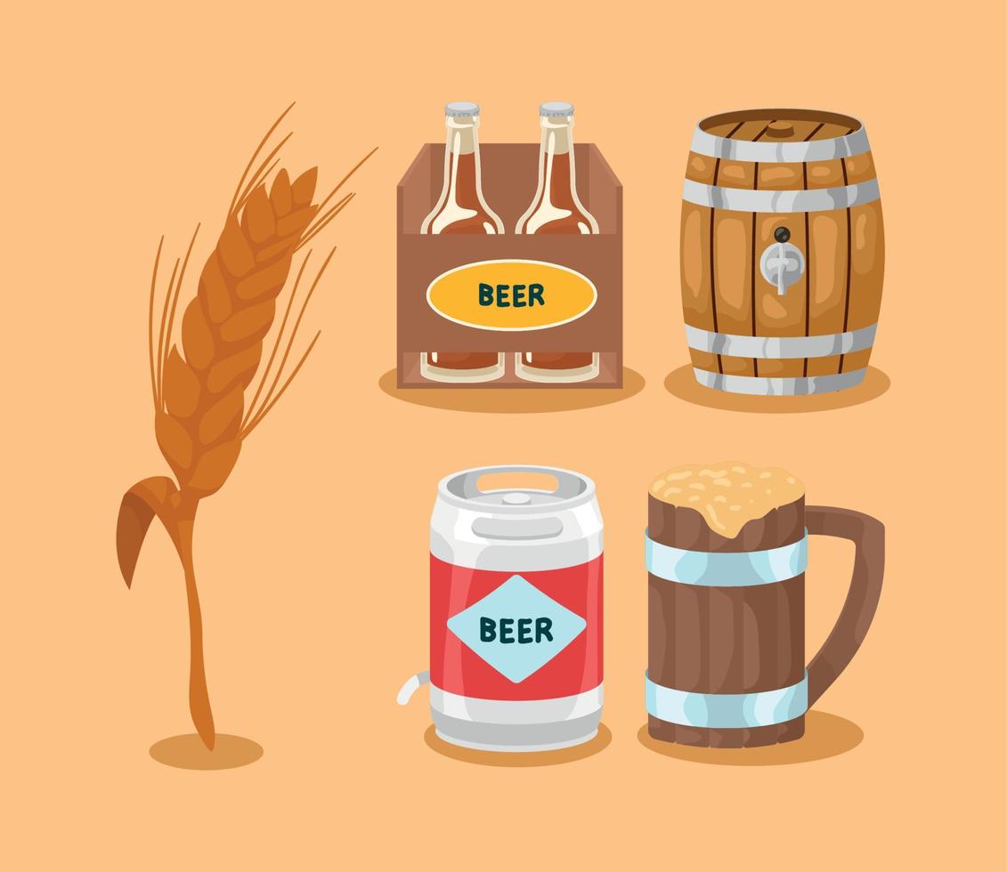 cinco iconos de productos de cervezas vector