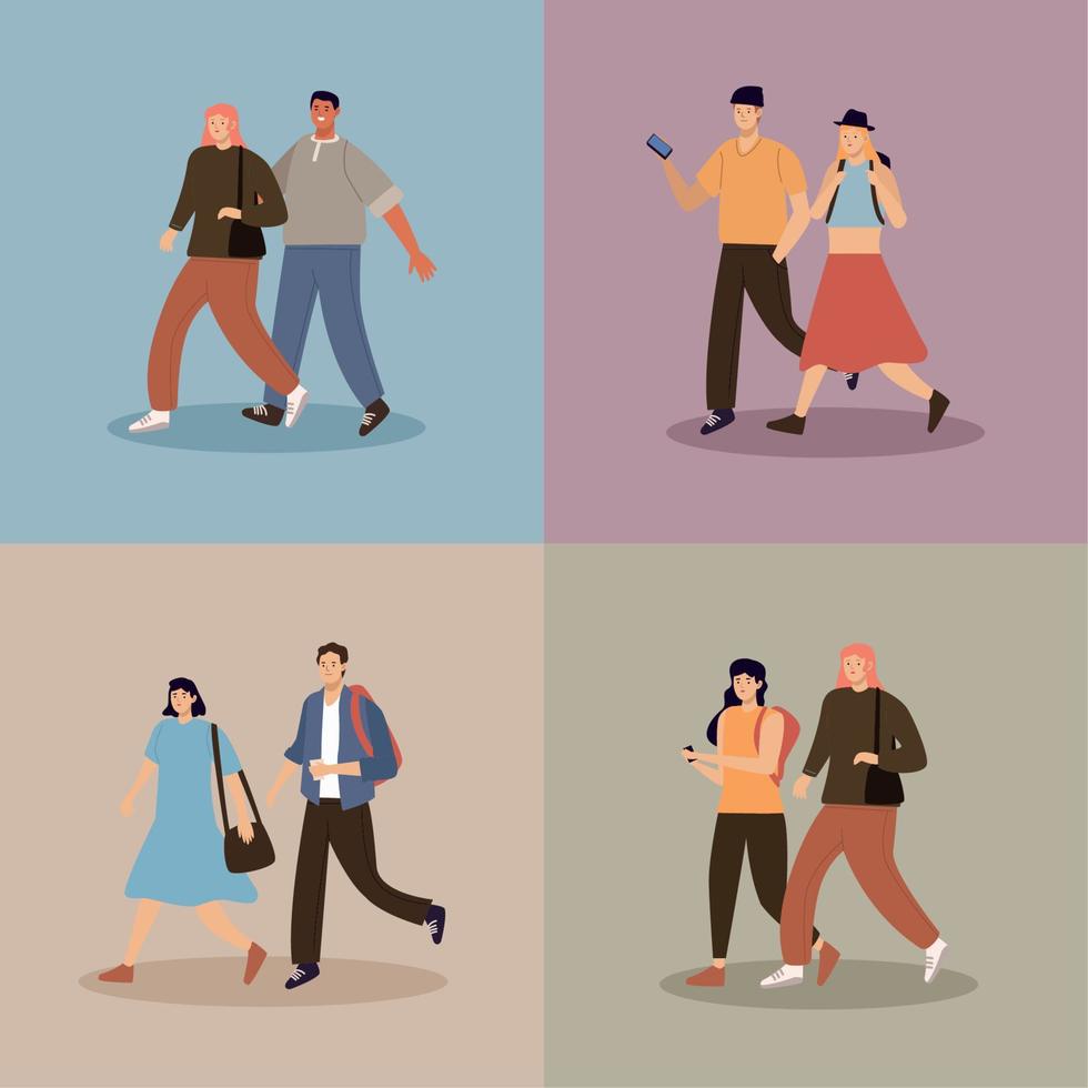 eight persons walking characters vector