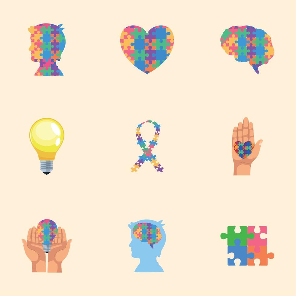 nine autism day icons vector