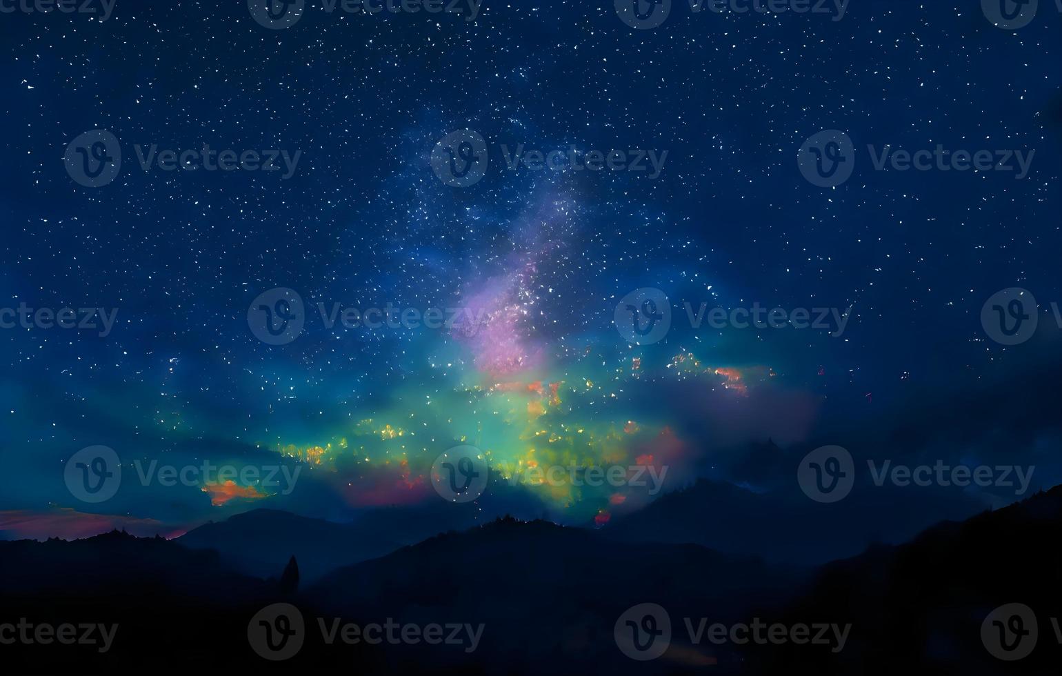 Night landscape with colorful Milky Way and mountains. Starry sky with hills at summer. Beautiful Universe. Space background photo