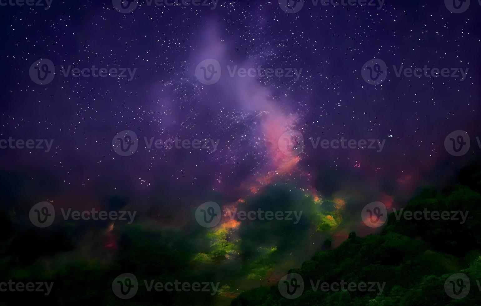 Night landscape with colorful Milky Way and mountains. Starry sky with hills at summer. Beautiful Universe. Space background photo