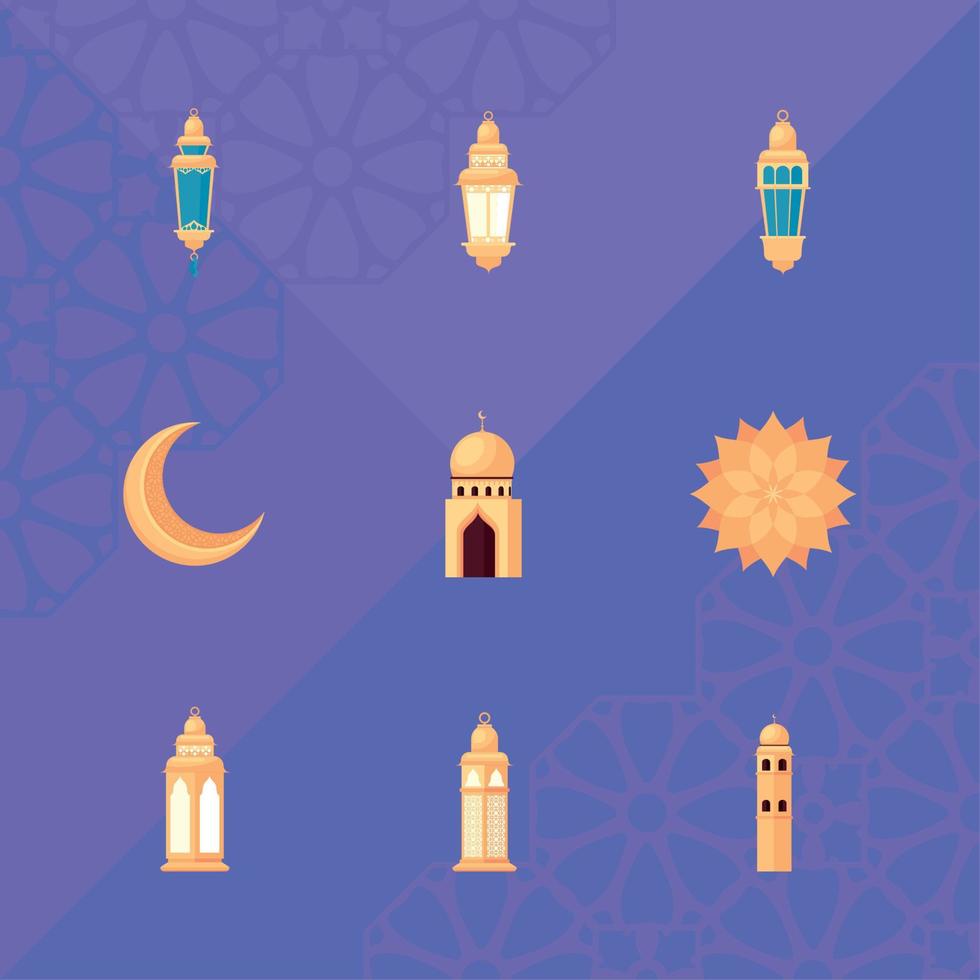 nueve iconos de ramadan kareem vector