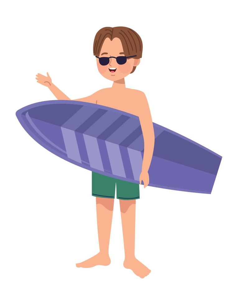 hombre con tabla de surf morada vector