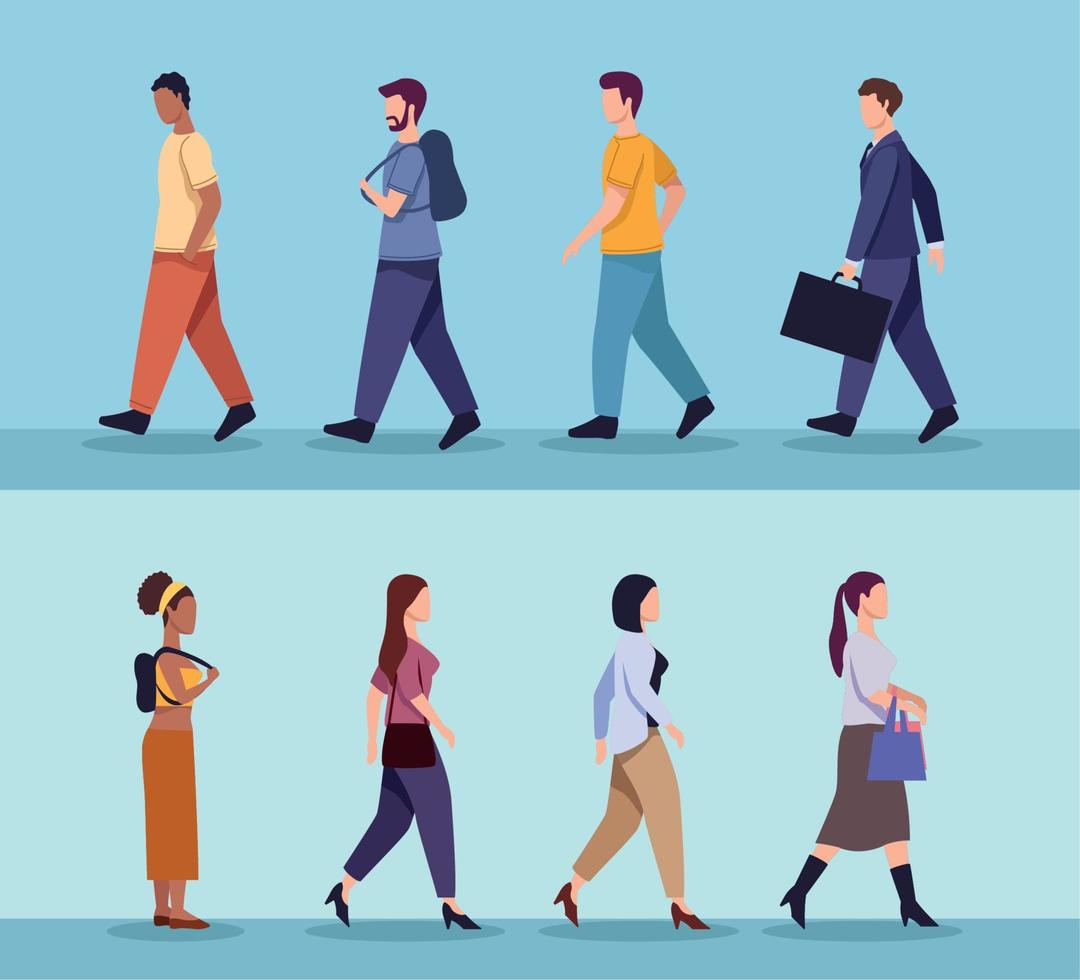 eight diversity persons walking vector