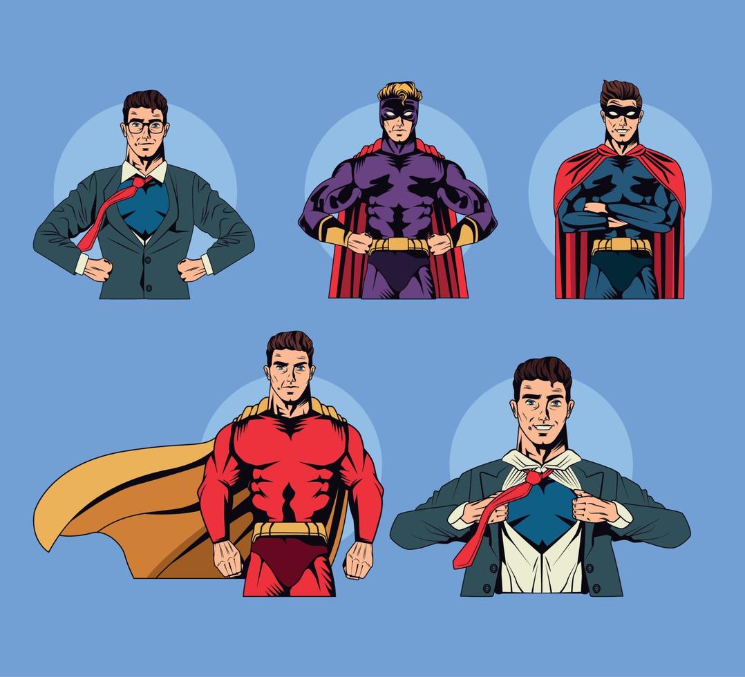 five superheroes pop art vector