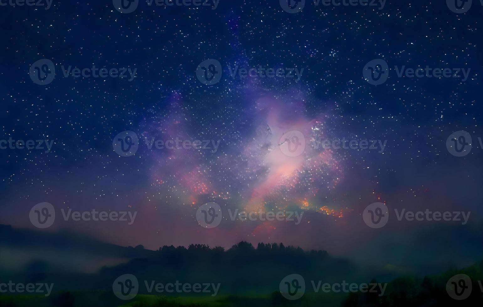 Milky Way and pink light at mountains. Night colorful landscape. Starry sky with hills at summer. Beautiful Universe. Space background with galaxy. Travel background photo
