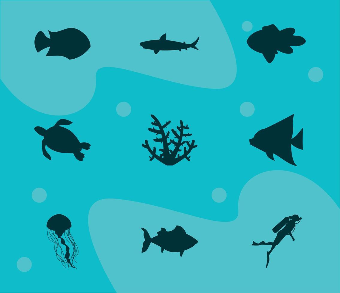 nueve siluetas de vida marina vector
