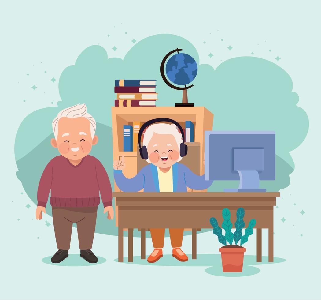 old couple using desktop vector