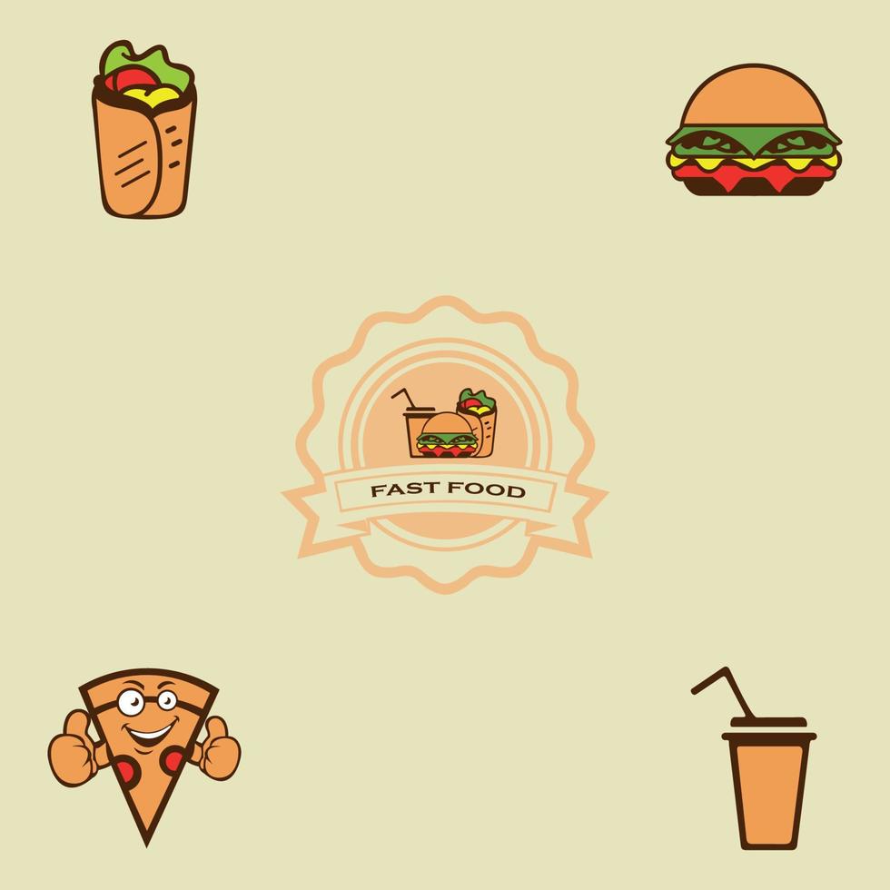 american fastfood emblem for your logo. Burger, chicken and fries, nuggets, donut and coffee, cake, soda and noodle, nachos and ice cream vector icons