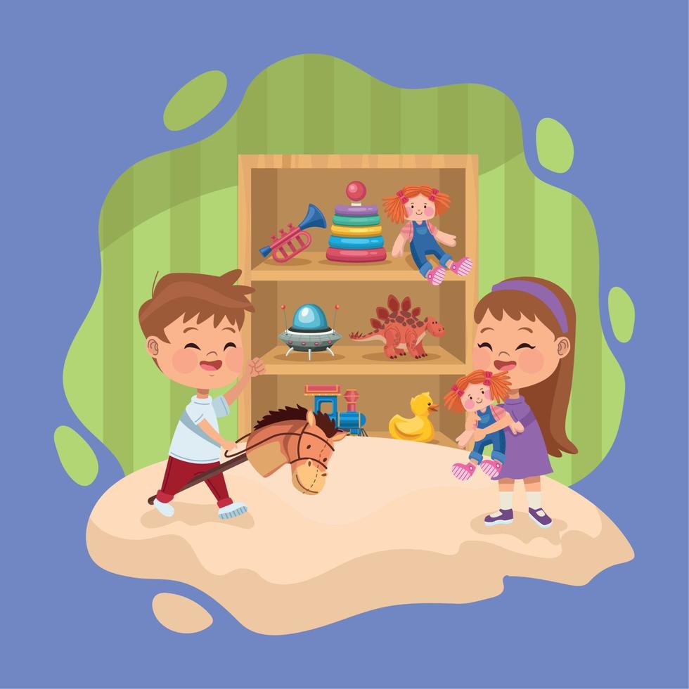 little kids couple with toys vector