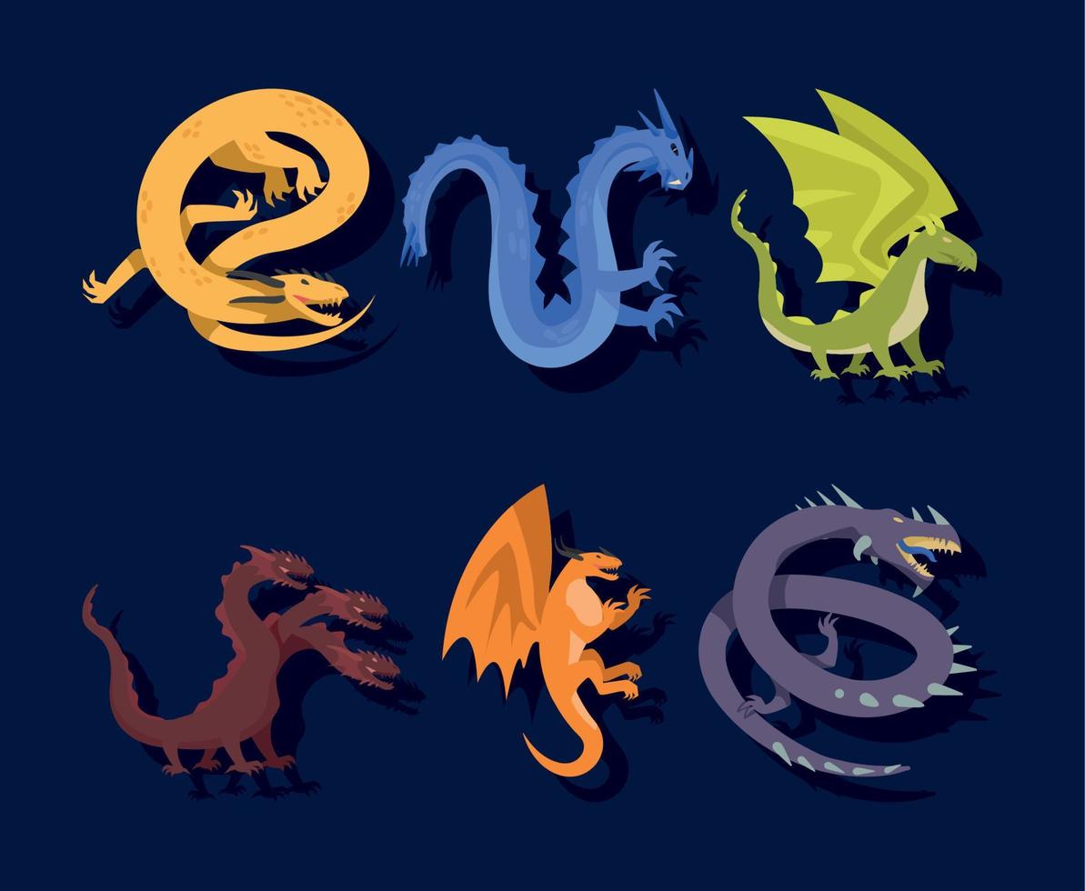 six dragons creatures icons vector