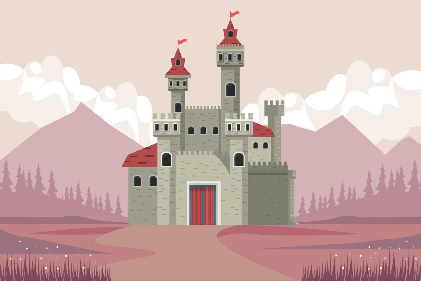 castillo gris en paisaje rosa vector