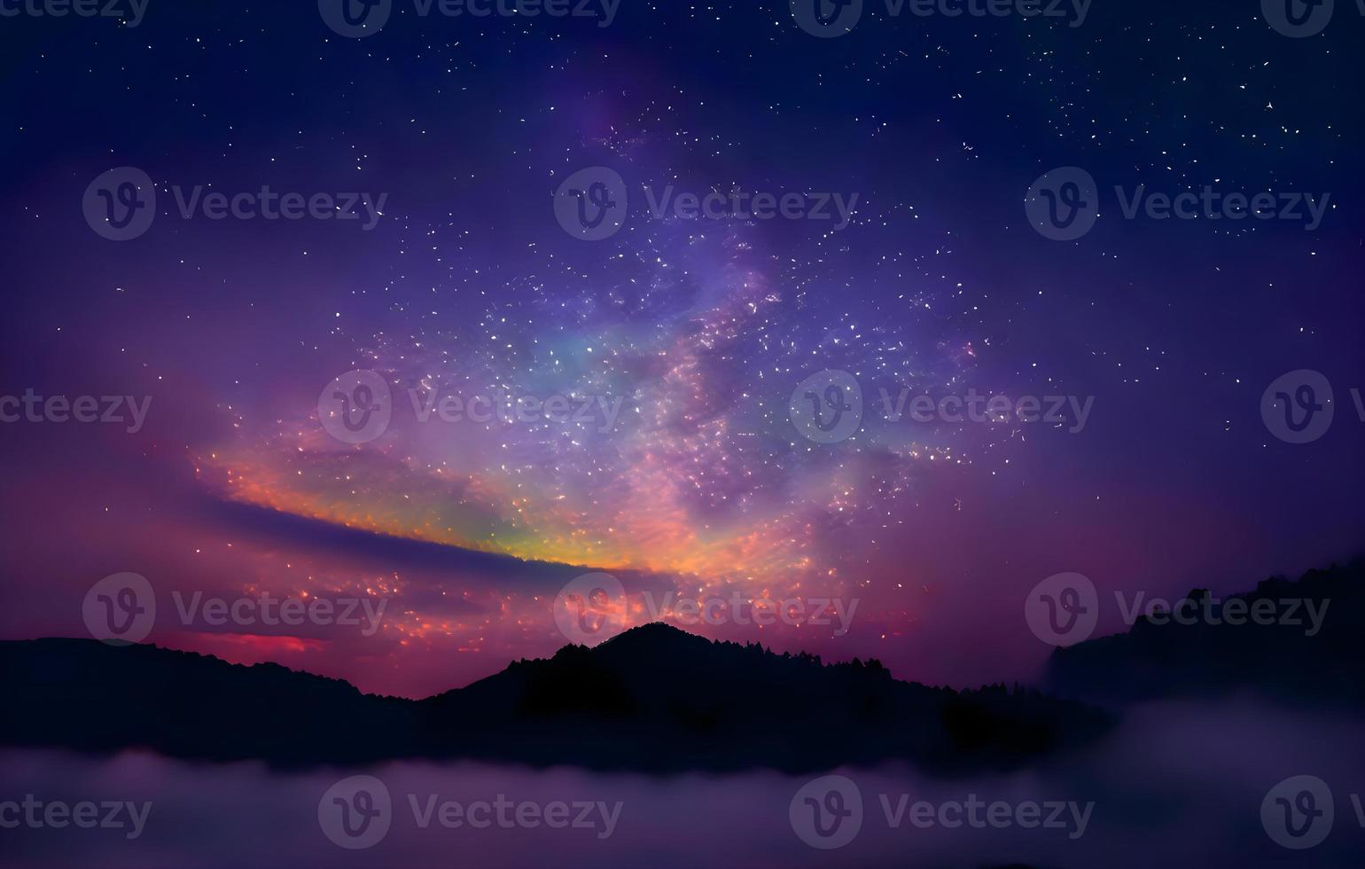 Night landscape with colorful Milky Way and mountains. Starry sky with hills at summer. Beautiful Universe. Space background photo