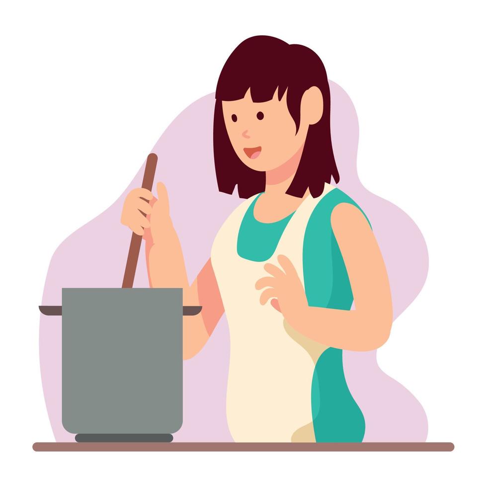 woman cooking with pot vector