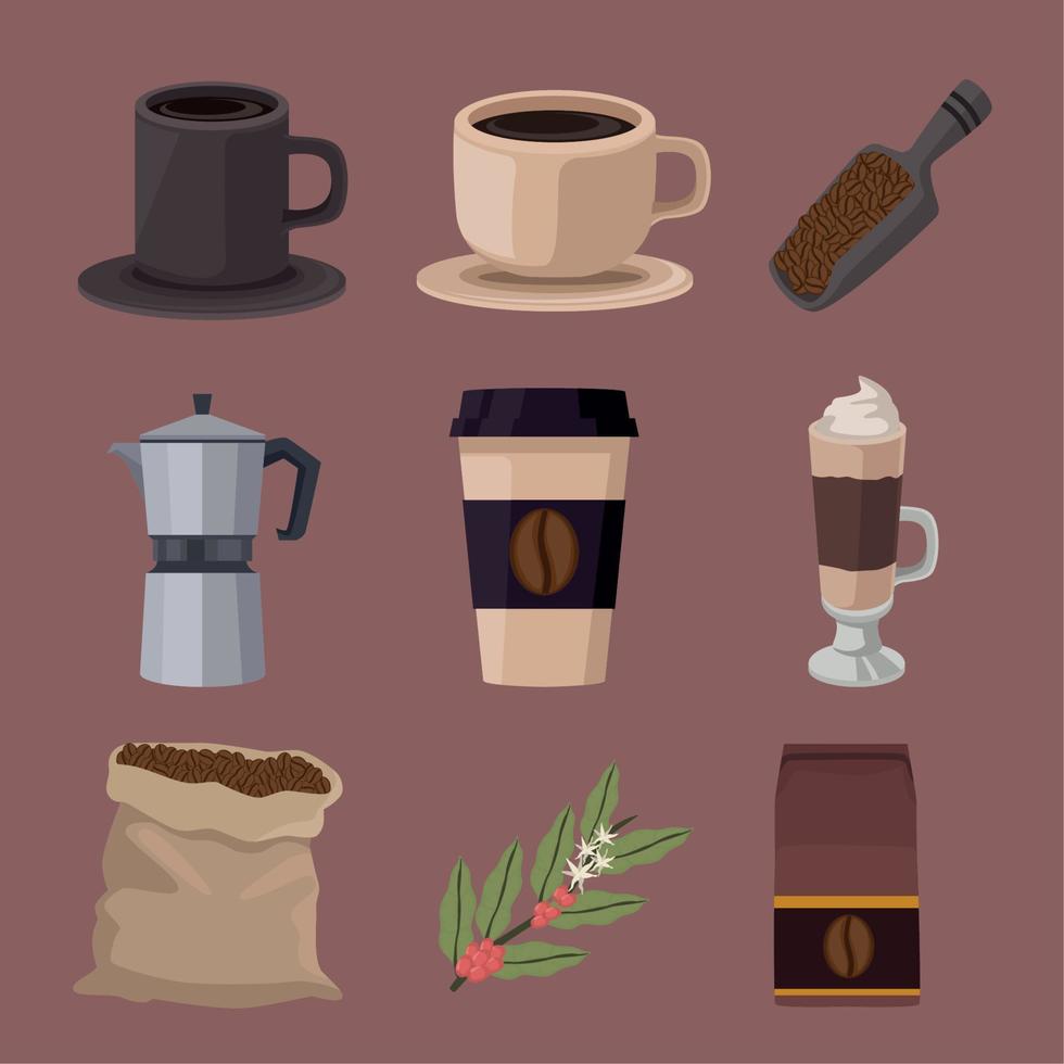 nueve iconos de bebida de café vector