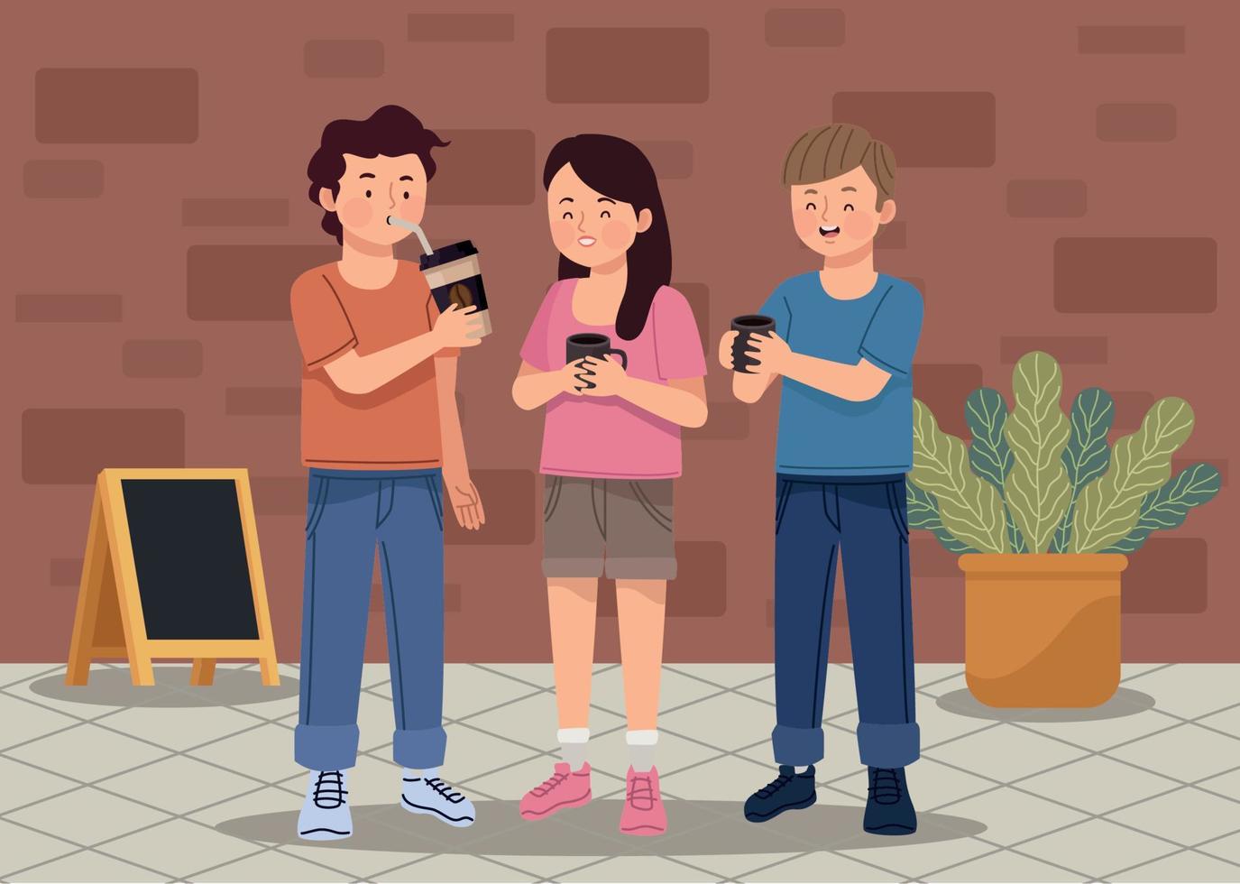 three friends drinking coffee vector