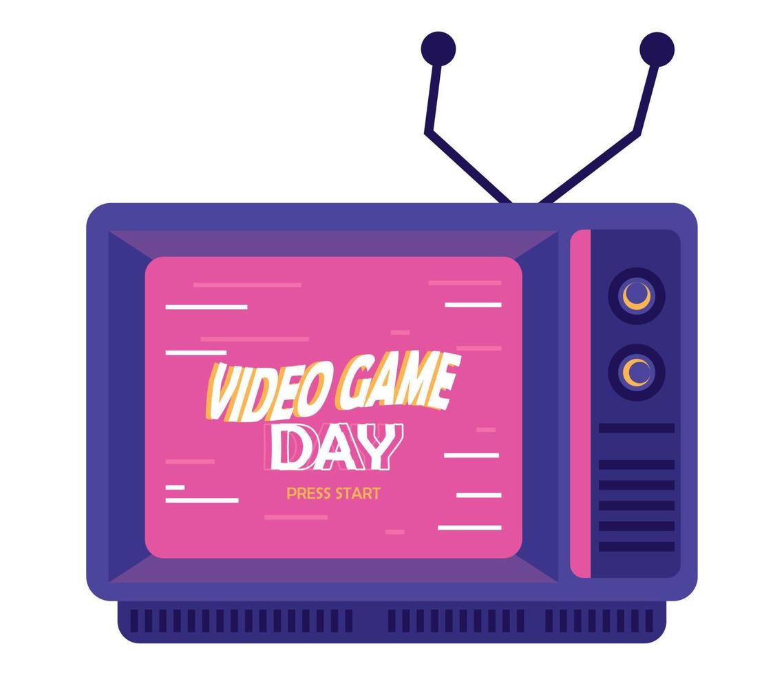 dia del videojuego en tv retro vector