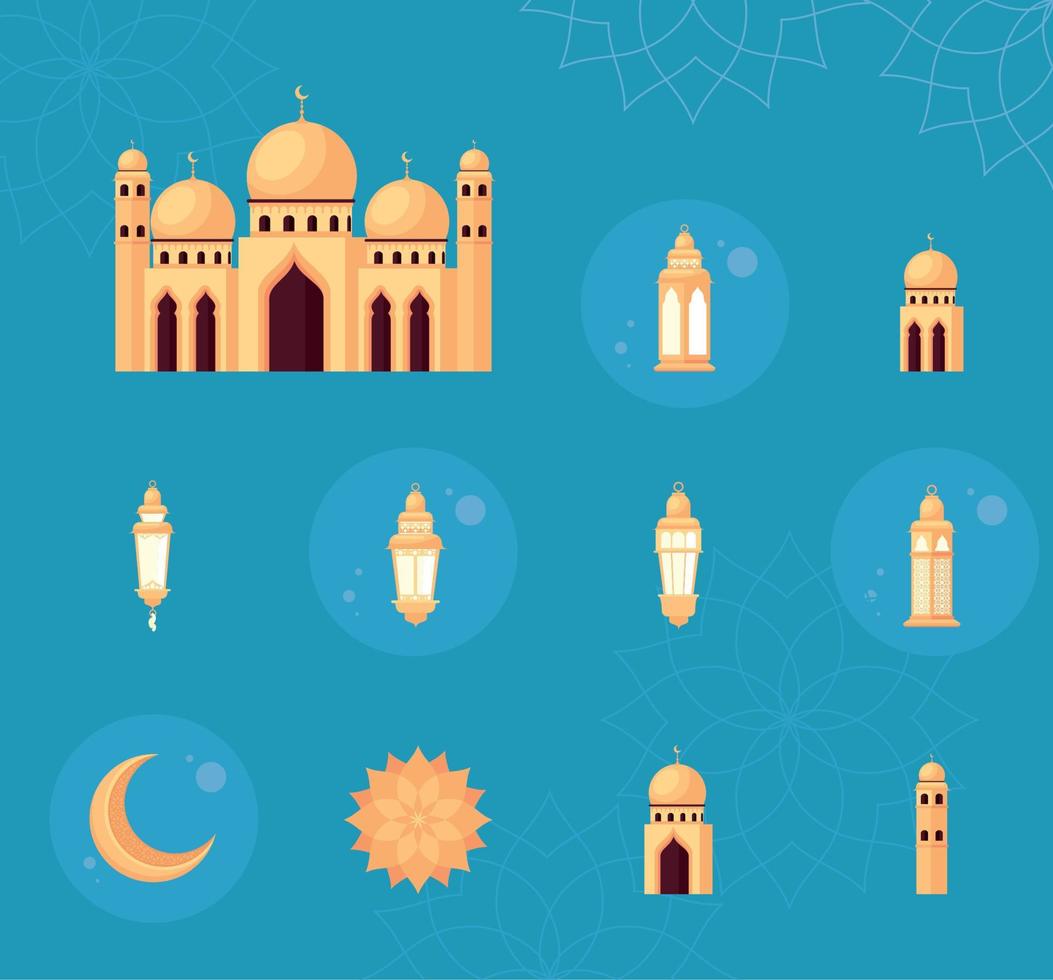 eleven ramadan kareem icons vector