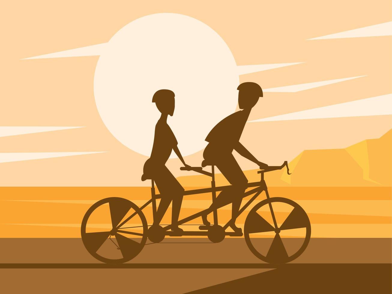 pareja en tamden bicicleta puesta de sol vector