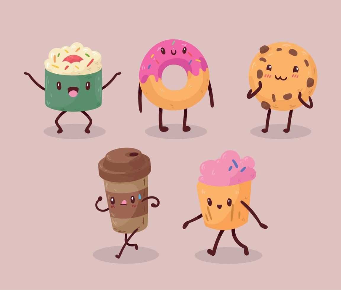 five kawaii food characters vector