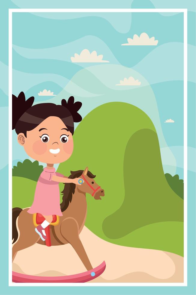 niña jugando en caballo de madera vector