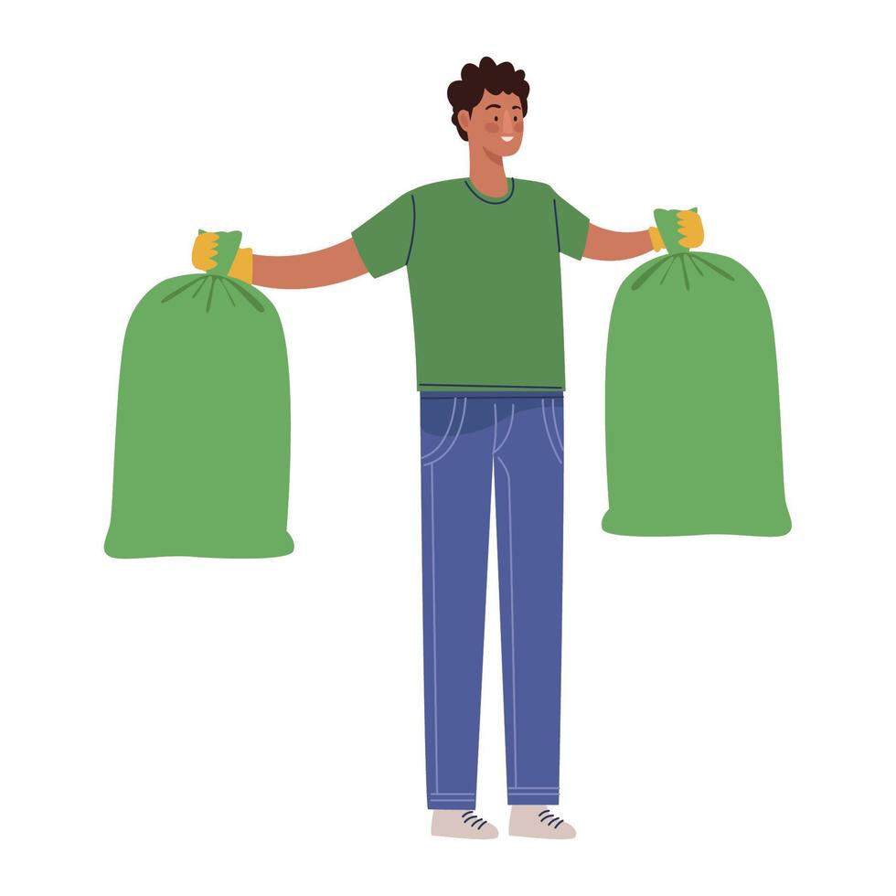 ecologist man lifting garbage bags vector