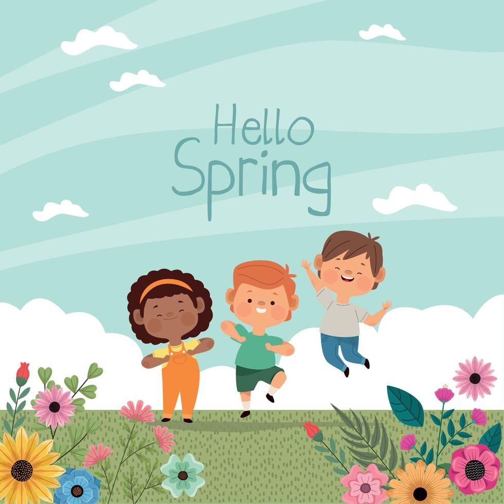 niños felices hola primavera vector